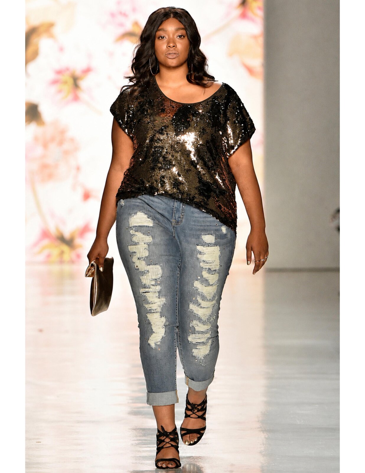 Runway look, sequin top and denim